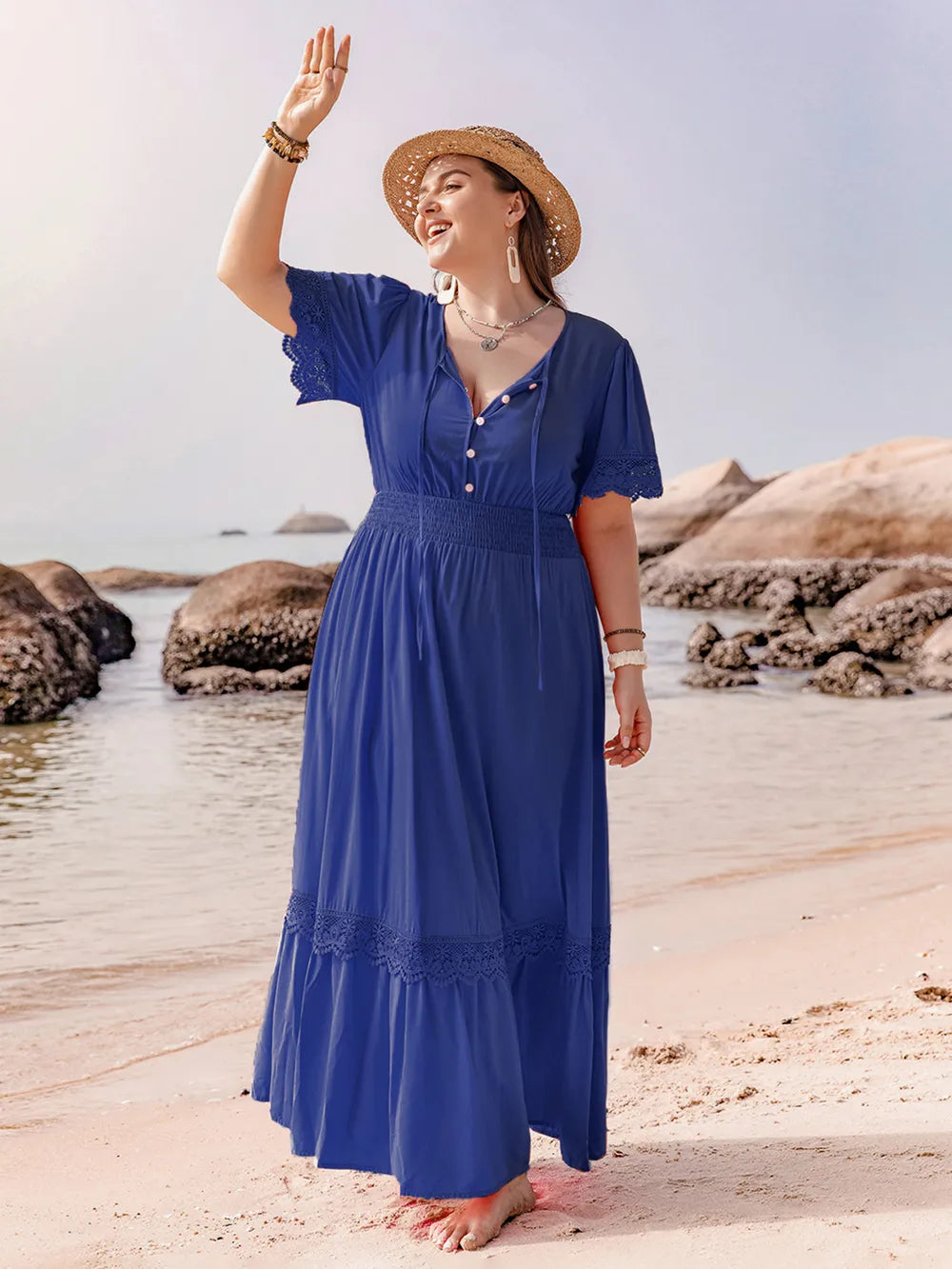 Plus Size Lace Detail Tie Neck Short Sleeve Maxi Dress - Glamourous Grace