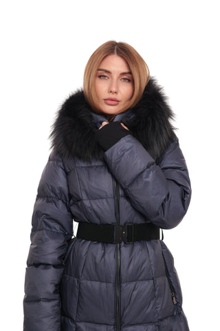 Cyrus Genuine Fur Trim Down Fill Coat in Navy