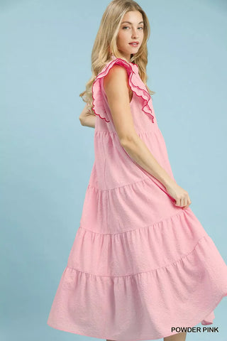Umgee Seersucker Ruffle Sleeve Tiered Midi Dress - Glamourous Grace