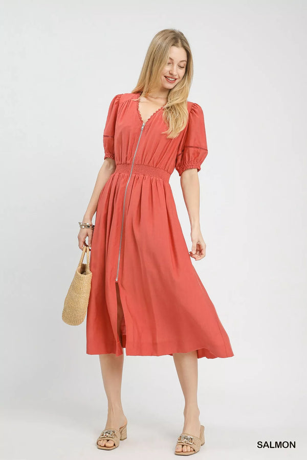 Umgee Zip-Front Smocked Waist Midi Dress - Glamourous Grace