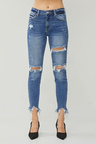 RISEN Destroyed Raw Frayed Hem Blue Denim Skinny Jeans