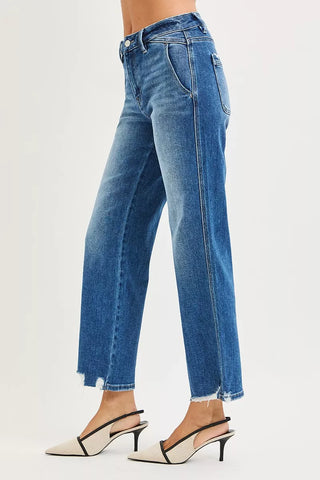 RISEN High Rise Ankle Straight Distressed Hem Detail Jeans