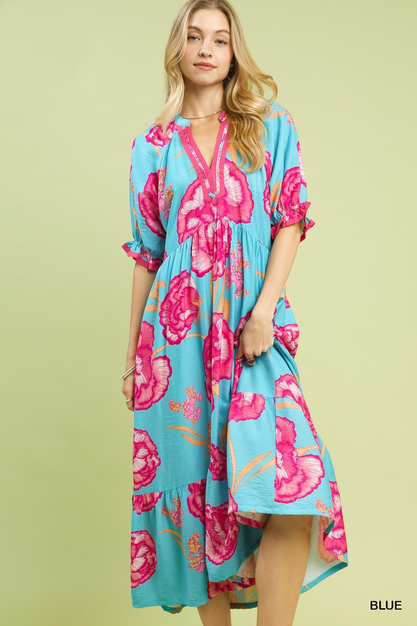 Umgee Floral Print Midi Dress with Contrast Trim - Glamourous Grace