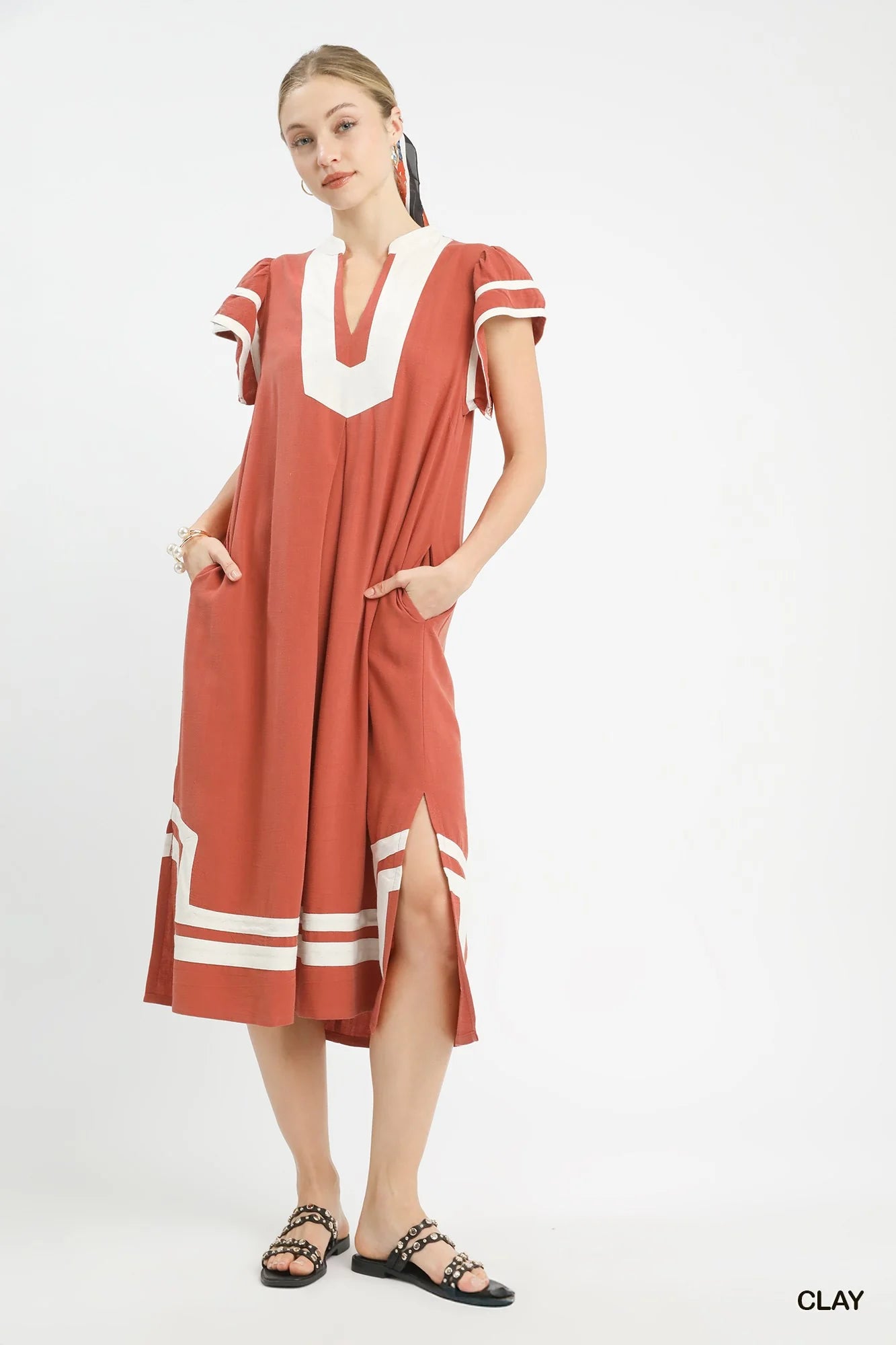 Umgee Linen Cotton Contrast Neckline Midi Dress in Clay - Glamourous Grace