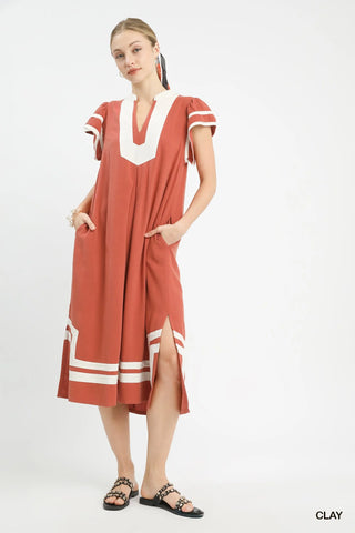 Umgee Linen Cotton Contrast Neckline Midi Dress in Clay - Glamourous Grace