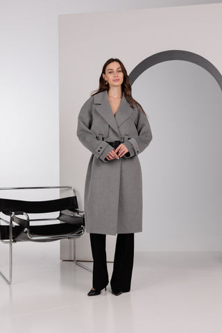 Karina Belted Wool Cashmere Blend Overcoat in Grey