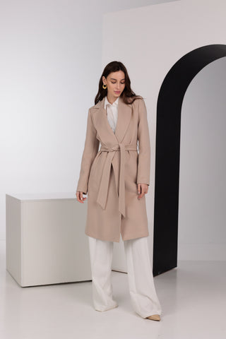 Geneva Classic Wraparound Wool Blend Overcoat in Beige