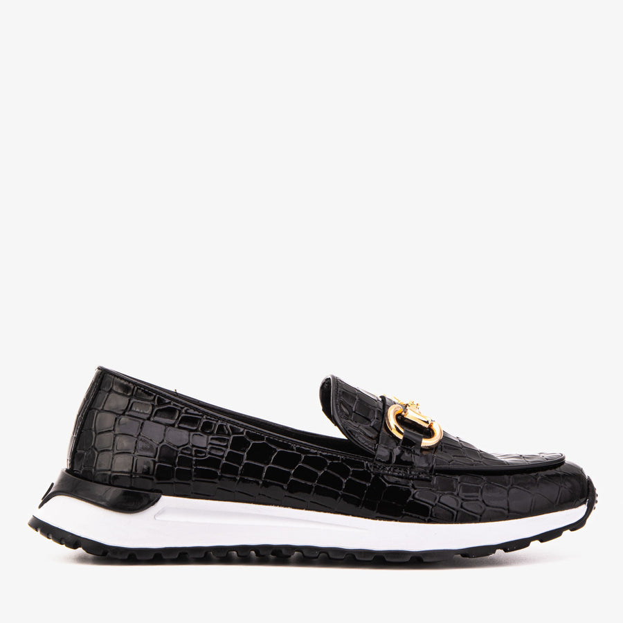 The Milan Black Croc-Embossed Patent Leather Women Sneaker - Glamourous Grace