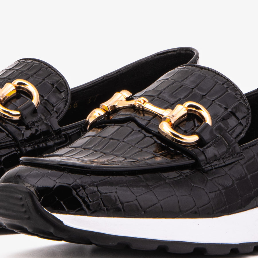 The Milan Black Croc-Embossed Patent Leather Women Sneaker - Glamourous Grace