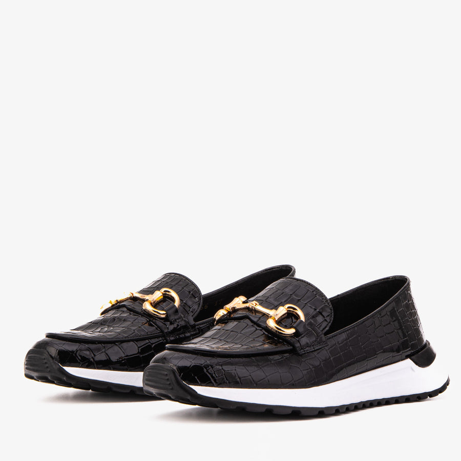 The Milan Black Croc-Embossed Patent Leather Women Sneaker - Glamourous Grace
