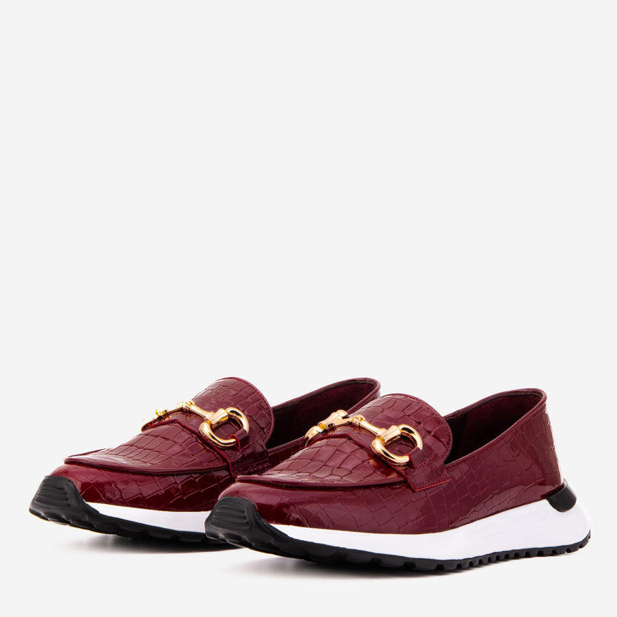 The Milan Burgundy Croc-Embossed Patent Leather Women Sneaker - Glamourous Grace