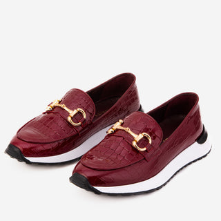 The Milan Burgundy Croc-Embossed Patent Leather Women Sneaker - Glamourous Grace