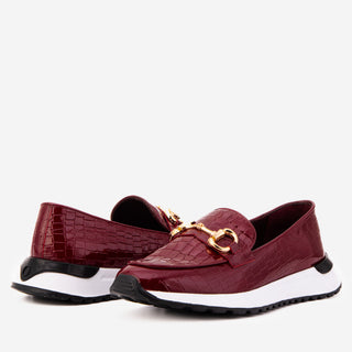 The Milan Burgundy Croc-Embossed Patent Leather Women Sneaker - Glamourous Grace