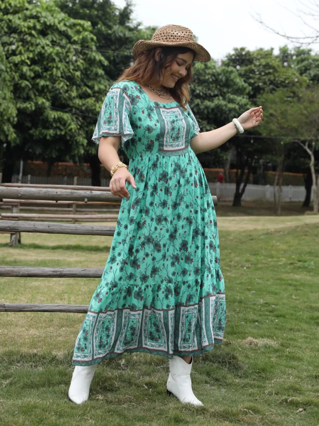 Plus Size Floral Print Square Neck Maxi Dress - Glamourous Grace