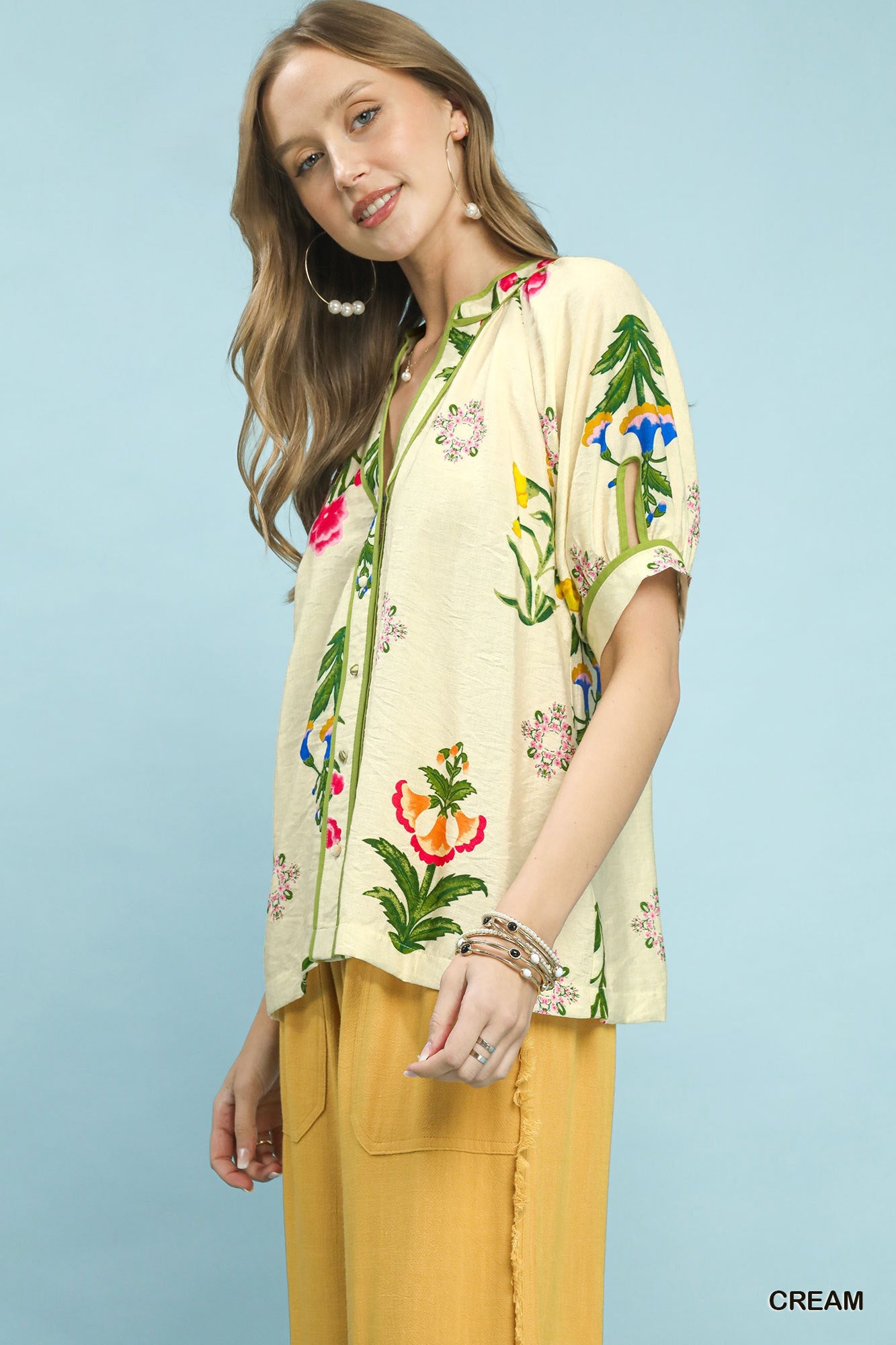 Umgee Botanical Print Contrast Trim Button Blouse - Glamourous Grace