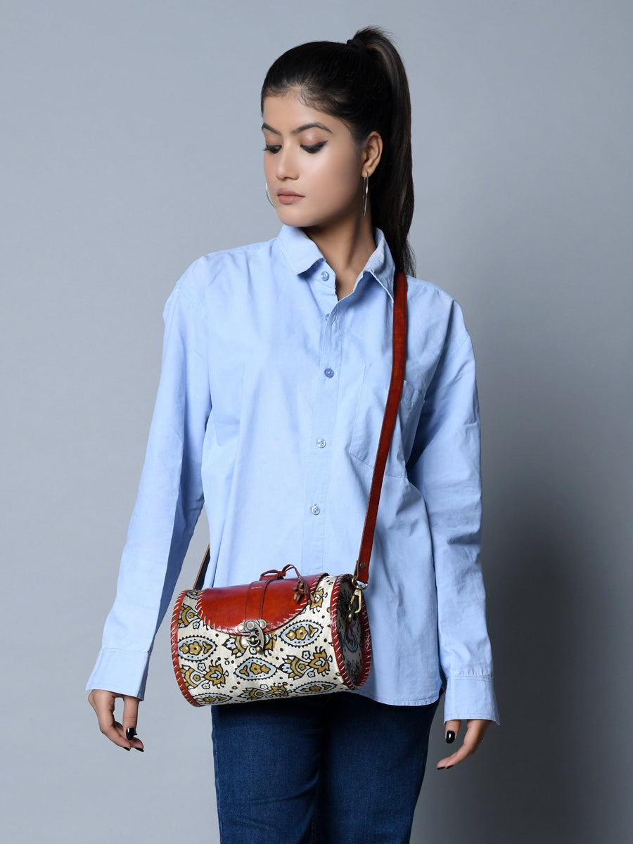 Cylindrical Block Printed Leather Bag - Glamourous Grace