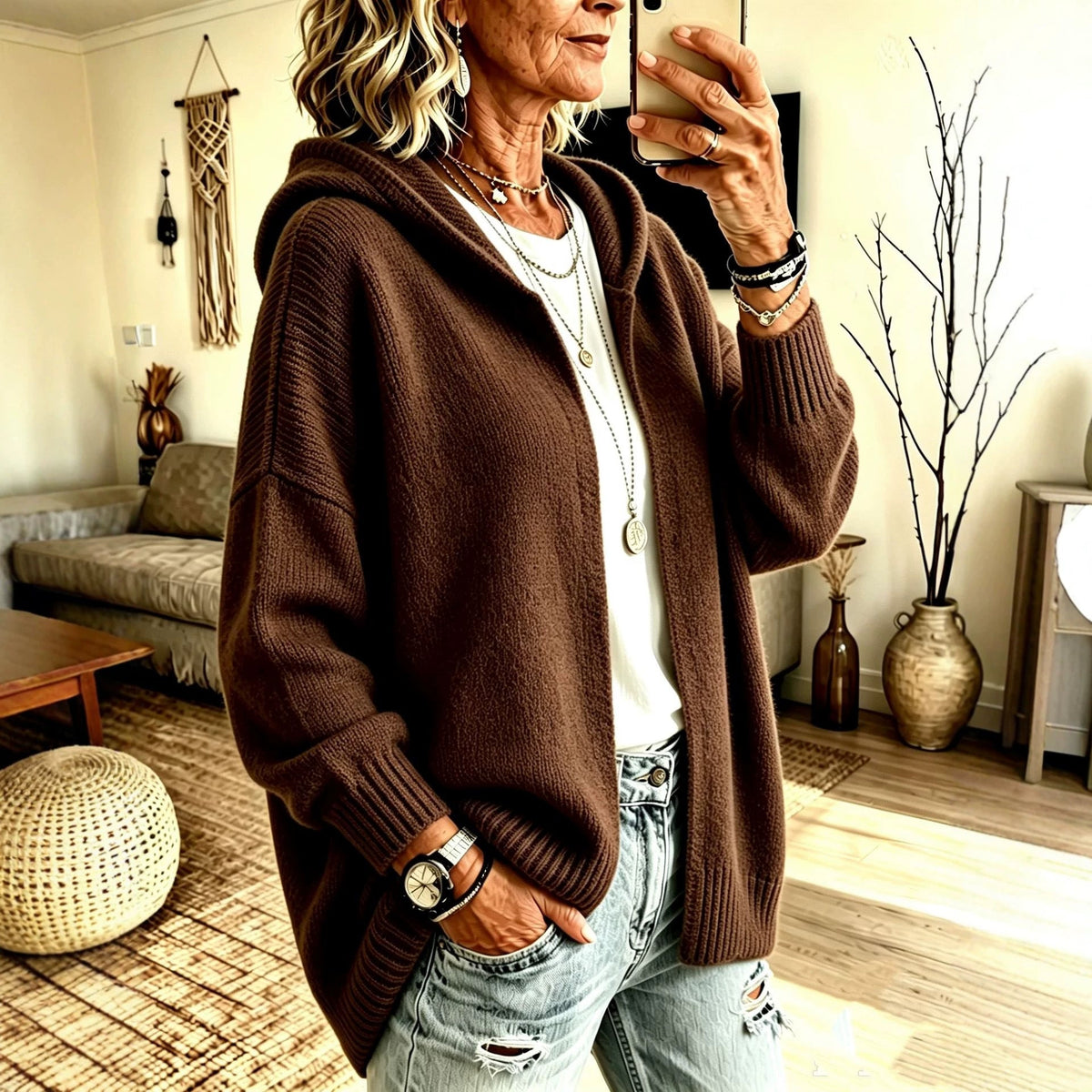 Women's Long Sleeve Hooded Knit Cardigan Sweater Jacket