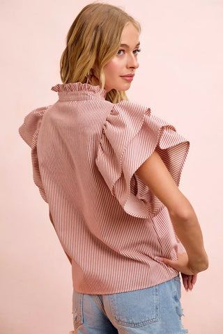 BiBi Twill Striped Ruffle Sleeve Blouse - Glamourous Grace