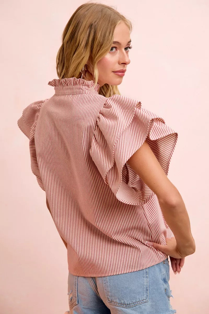 BiBi Twill Striped Ruffle Sleeve Blouse - Glamourous Grace