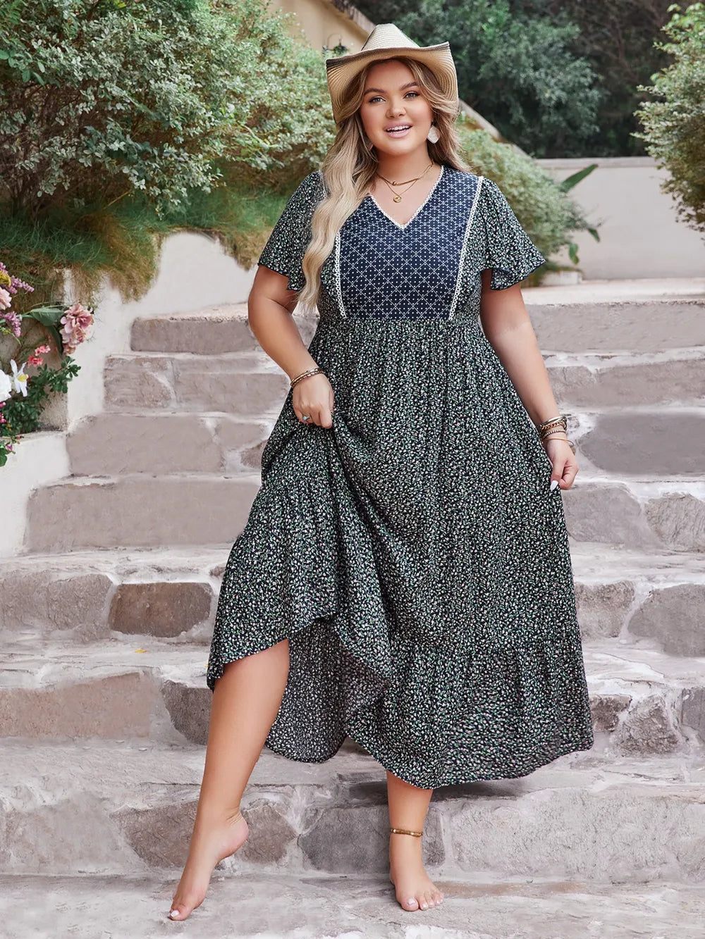 Plus Size Printed V-Neck Flutter Sleeve Midi Dress - Glamourous Grace
