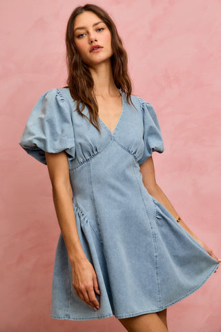 SO ME Bubble Sleeves Denim Fit And Flare Mini Dress - Glamourous Grace