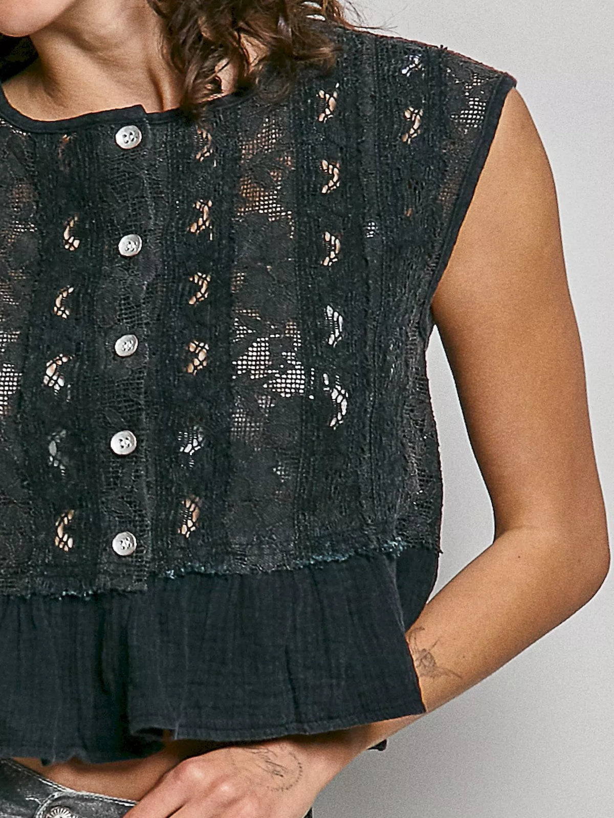 POL Round Neck Lace Sleeveless Top with Double Gauze Ruffle - Glamourous Grace