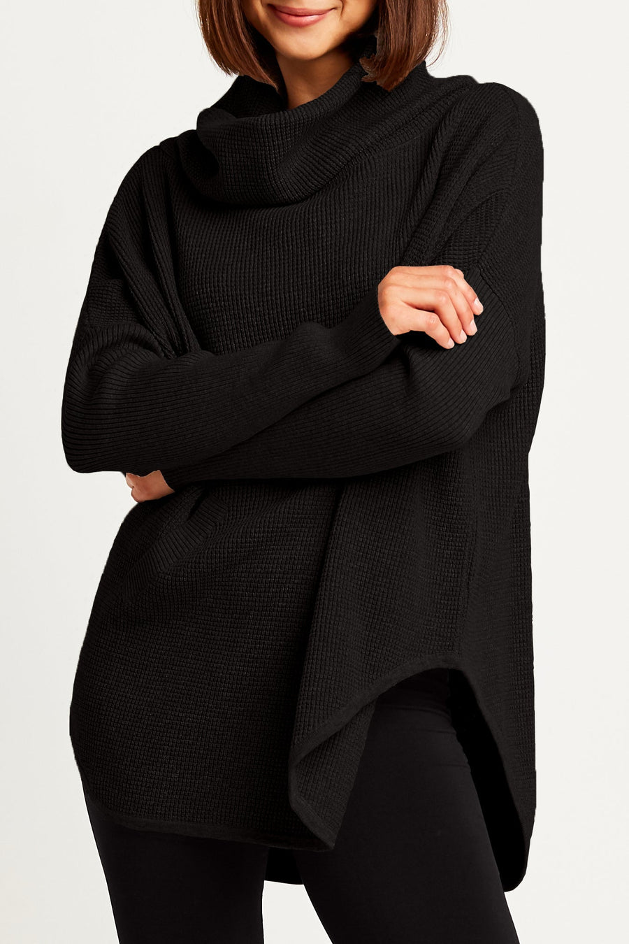 Pima Cotton Waffle Cowl Sweater - Black - Glamourous Grace