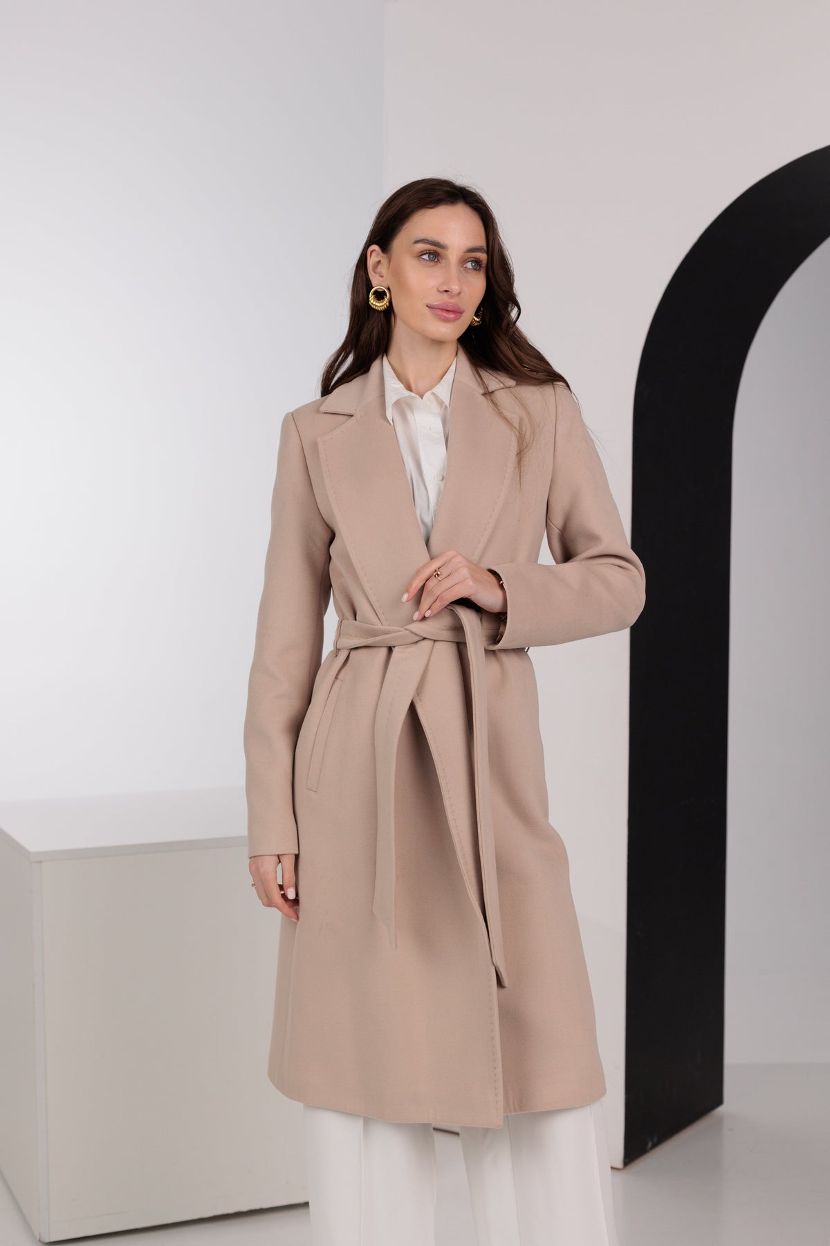 Geneva Classic Wraparound Wool Blend Overcoat in Beige