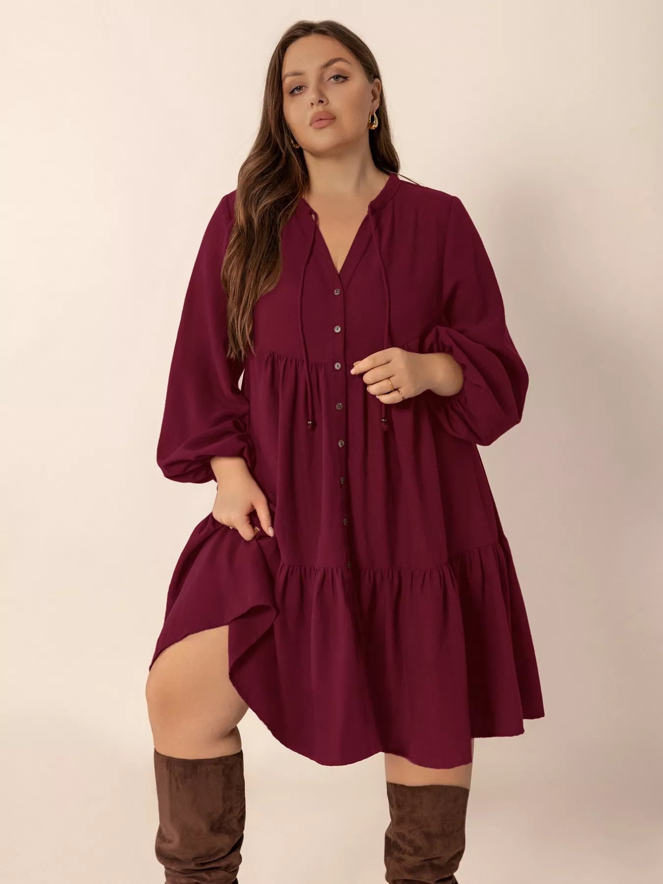 Plus Size Button Front Balloon Sleeve Dress - Glamourous Grace