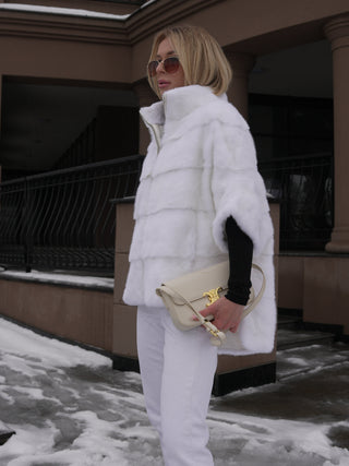 Genuine Scandinavian Mink Fur Poncho in Snow