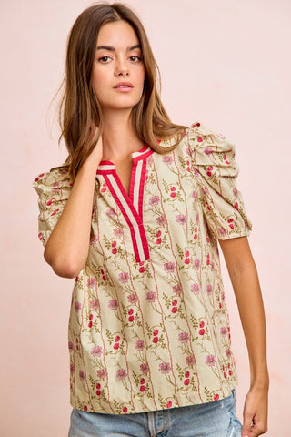BiBi Floral Gather Sleeves Contrast Neckband Blouse Top - Glamourous Grace