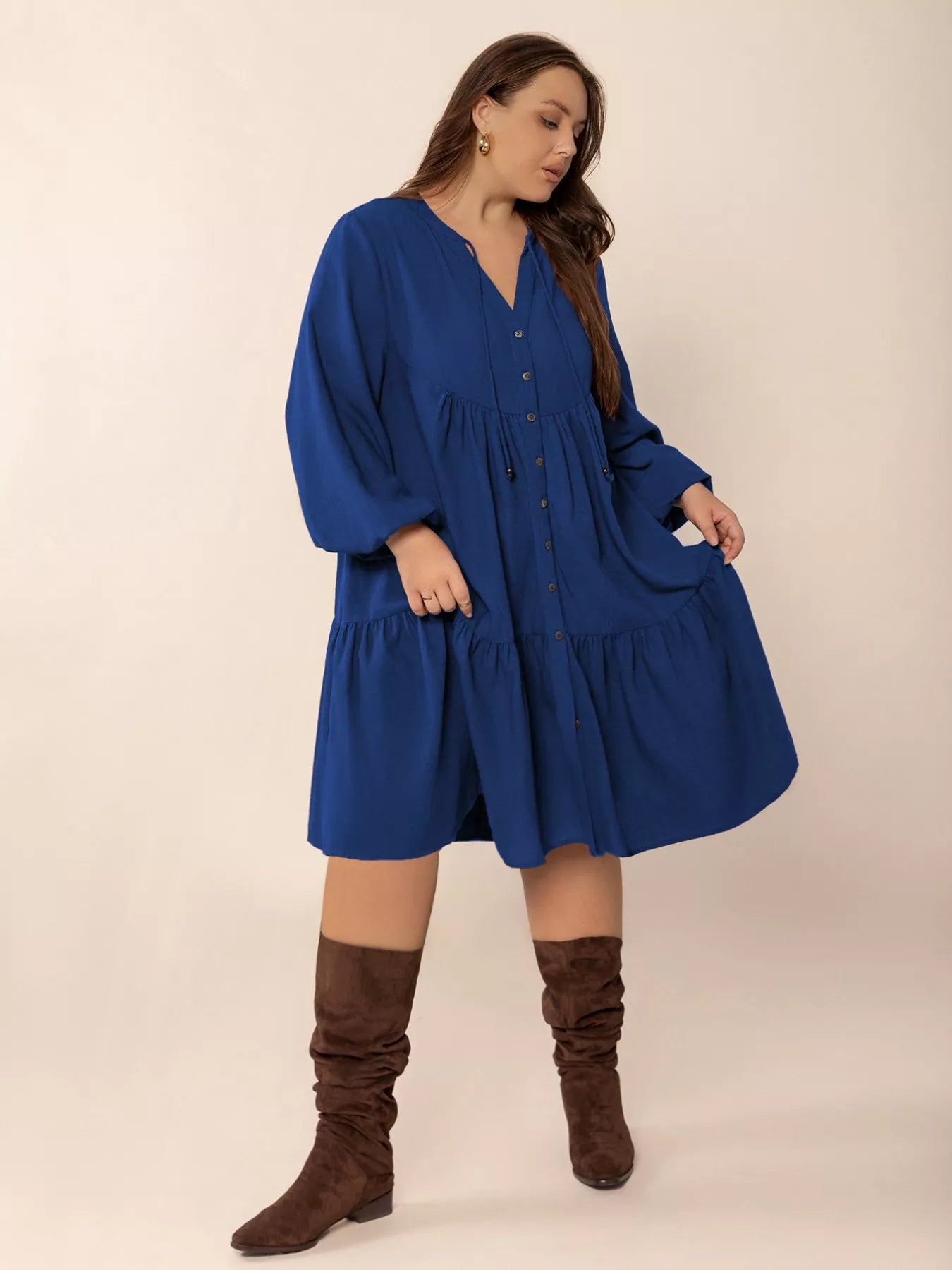 Plus Size Tie Neck Balloon Sleeve Dress - Glamourous Grace