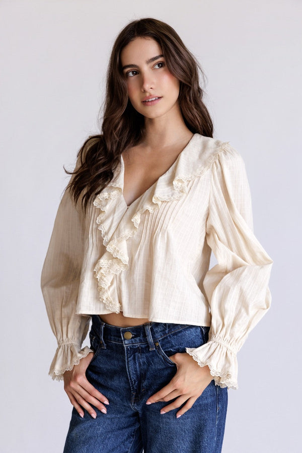 Adhara Cream Ruffle V-Neck Blouse - Glamourous Grace