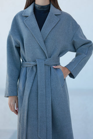 Logan Leather Trim Cashmere Blend Overcoat in Grey