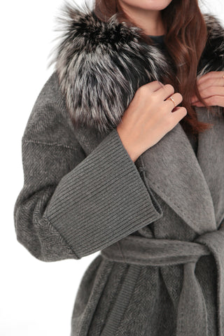 Boston Genuine Silver Fox Cashmere Blend Double-Face Coat in Grey Melange