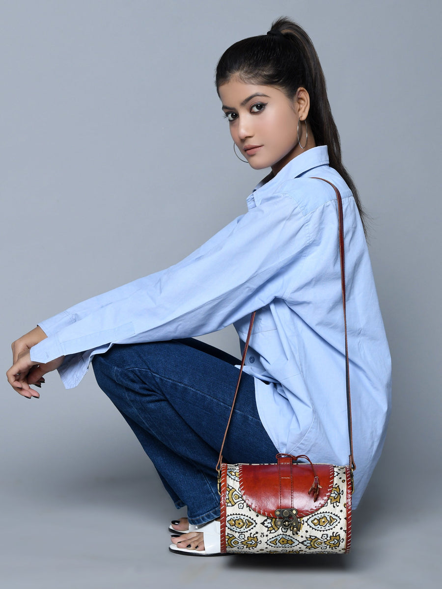 Cylindrical Block Printed Leather Bag - Glamourous Grace