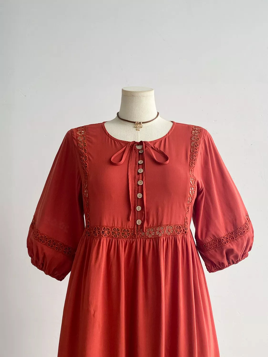 Plus Size Tie Neck Puff Sleeve Midi Dress with Lace Trim - Glamourous Grace