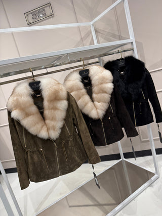 Vivienne Genuine Suede Polar Fox Trim Coat in Cognac