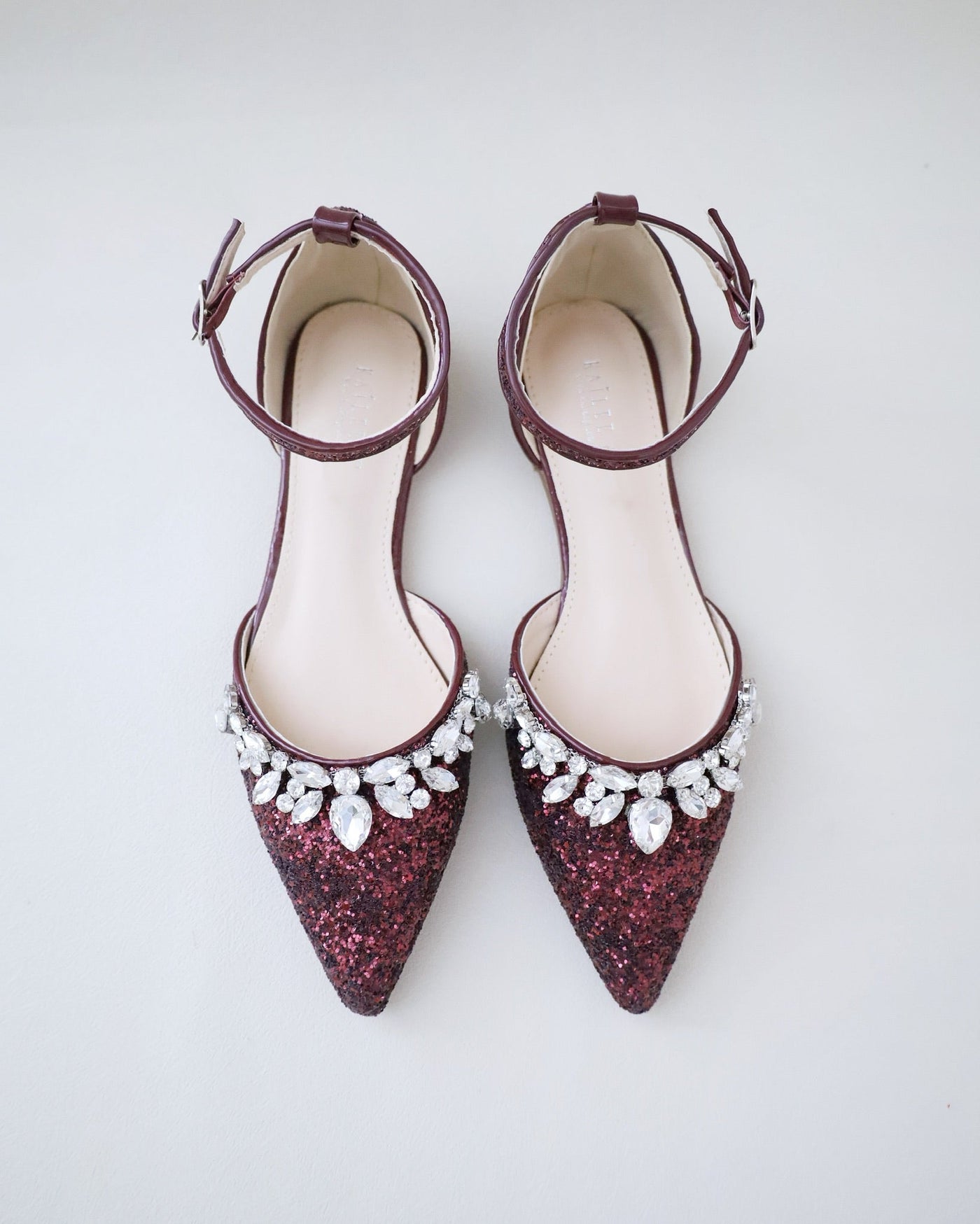 Pointy Toe Glitter Ankle Strap Flats with Teardrop Rhinestones - Glamourous Grace