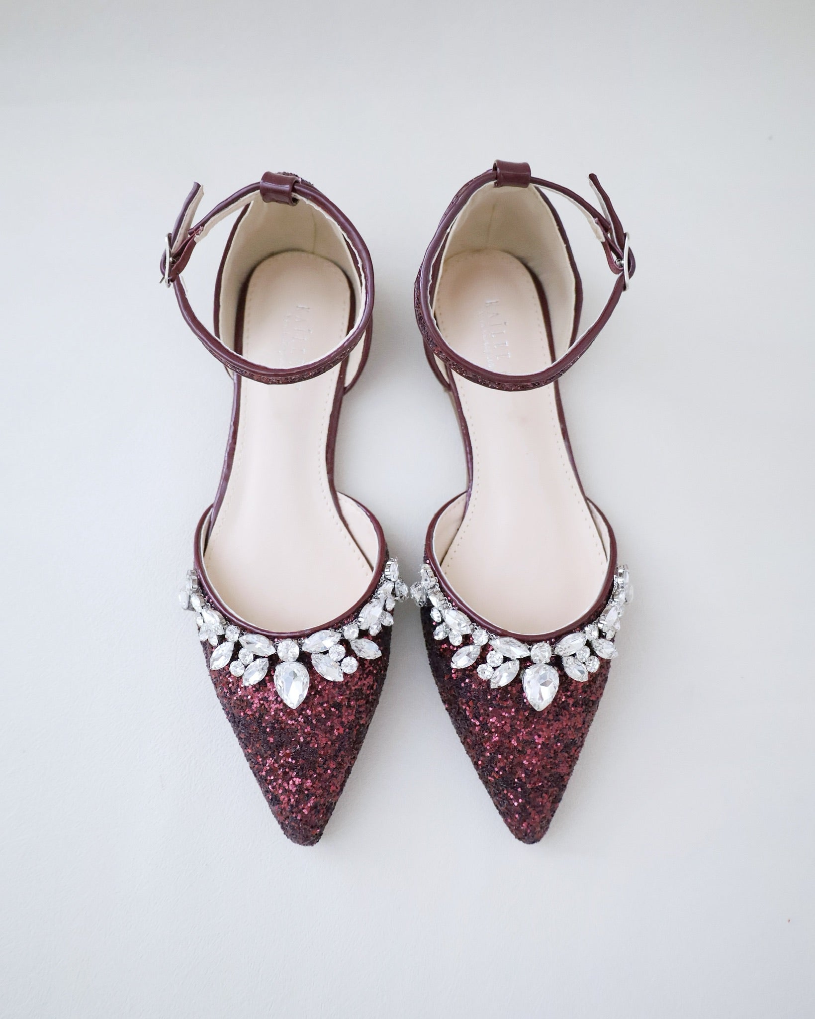 Pointy Toe Glitter Ankle Strap Flats with Teardrop Rhinestones