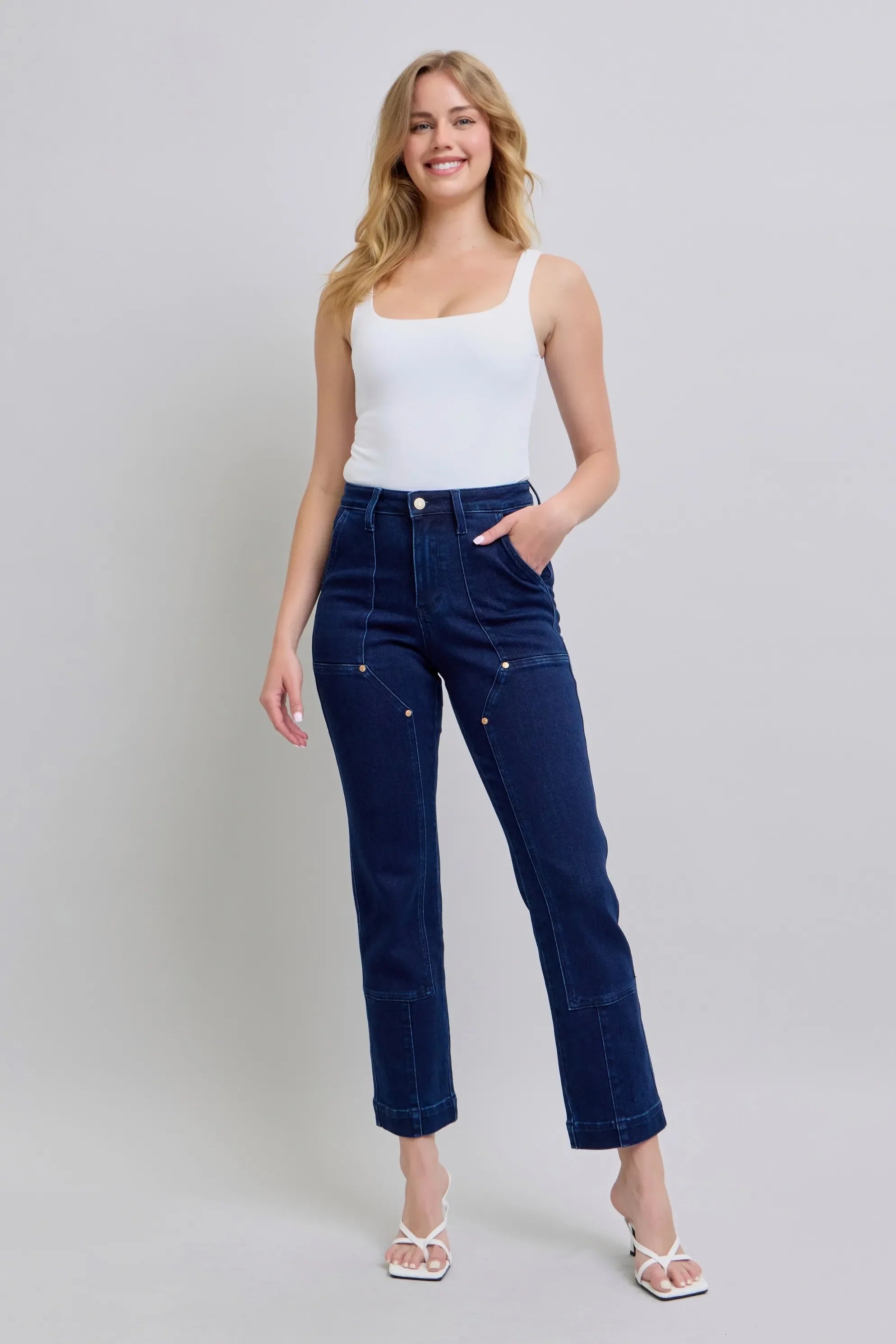 Judy Blue Vintage Horizon High Rise Work Wear Utility Dark Wash Straight Leg Jeans 88918