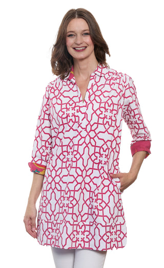 Vail Tunic Pink White Geo Print Cotton with Stretch - Glamourous Grace