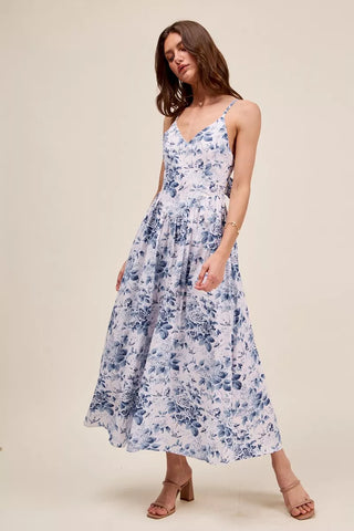SO ME Floral Woven V Neck Dress With Back Ribbon Tie - Glamourous Grace