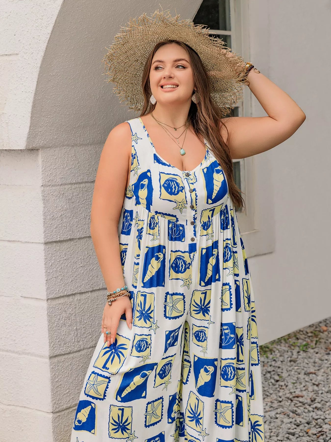 Plus Size Nautical Print Sleeveless Jumpsuit - Glamourous Grace