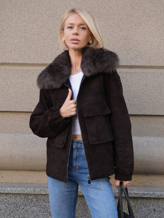 Nebraska Genuine Suede Polar Fox Trim Jacket in Cognac