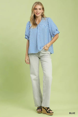 Umgee Gingham Check Blouse with Ruffle Sleeves - Glamourous Grace