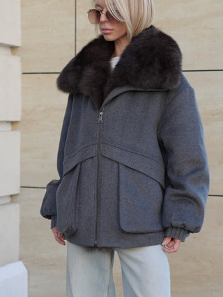 Rimini Genuine Fur Trim Wool Blend Parka in Graphite