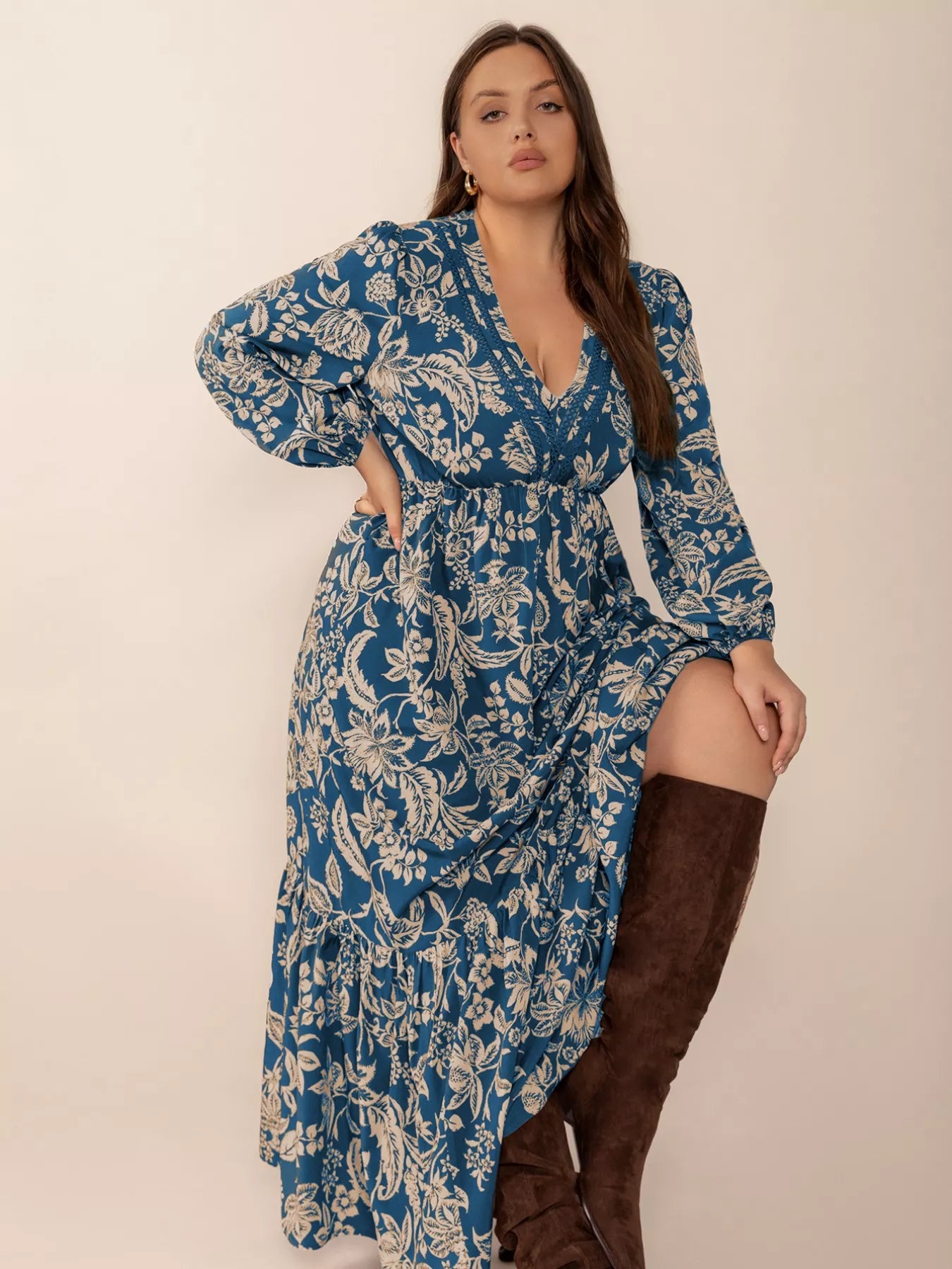 Plus Size Boho Floral Print Long Sleeve Maxi Dress - Glamourous Grace