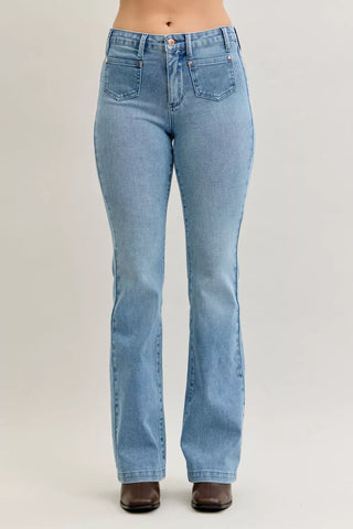 Judy Blue Mid Rise Bootcut Jeans with Contrast Wash Front Patch Pockets
