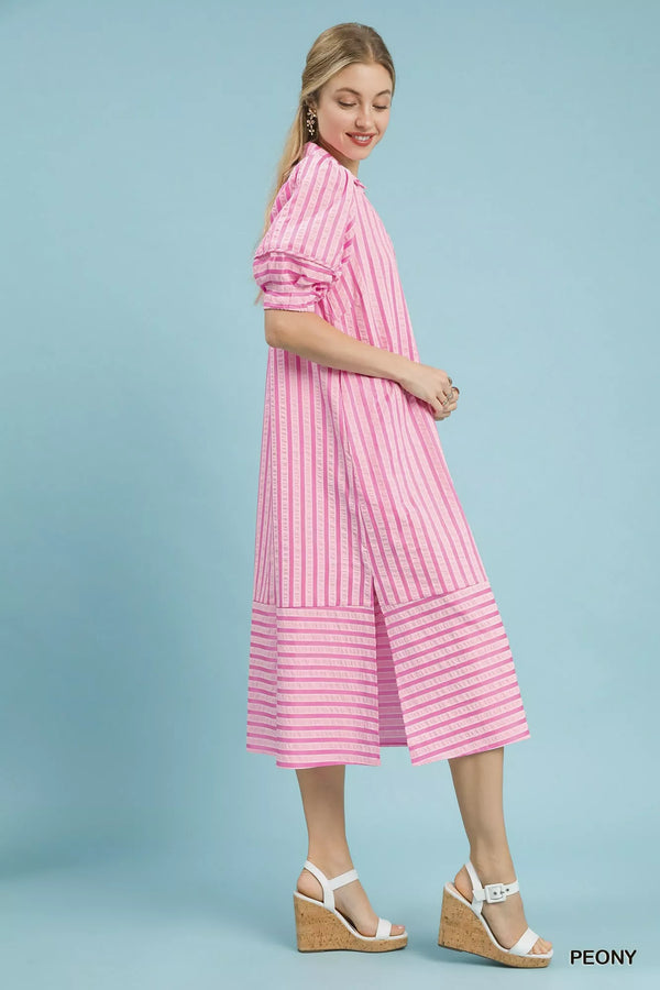 Umgee Striped Puff Sleeve Midi Dress - Glamourous Grace